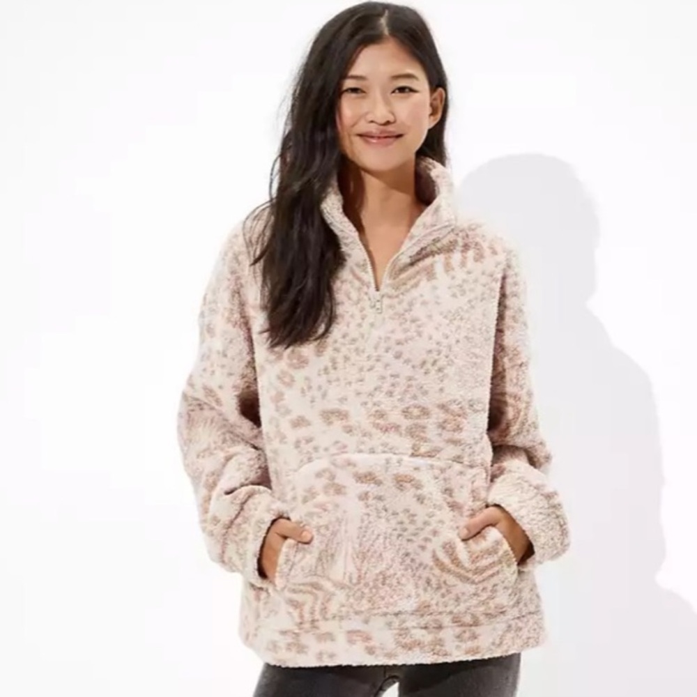 American Eagle AE Cozy Sherpa 1/4 Zip Pullover Fleece Tan Animal Print XS